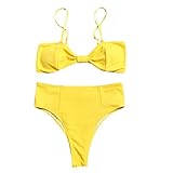 TTLOVE_Damen Sommer Gepolsterter Bikini Set Reine Farbe Tube Up Zwei StüCke Schwimmanzug Push-Up Badeanzug Bademode Sexy Halter Bikinioberteil Mit Sport Split Bikinihose Strandkleidung (Gelb,M)