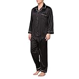 Herren-Pyjama-Set aus Satin, langärmelig, Knopfleiste, 2-teilig, Nachtwäsche mit langer Hose, seidiger Schlafanzug, Notch-Kragen, Loungewear (Schwarz, Größe XL)