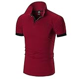 Poloshirt Herren Sommer Basic Slim Fit Stretch Herren Shirt Modern Hirsch Stickerei Spleißen Knopfleiste Herren Kurzarm Urban Casual Sport Herren Sportshirt F-Wine Red M