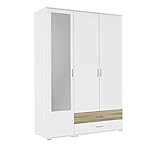 Rauch Möbel Noosa Schrank Drehtürenschrank, Weiß / Eiche Sonoma, 3-türig mit Spiegel und 2 Schubladen, inkl. Zubehörpaket Basic 1 Kleiderstange, 3 Einlegeböden BxHxT 127x188x52