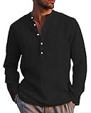 AUDATE Herren Leinen Baumwolle Henley Shirt Roll-up Langarm Basic Vintage T-Shirt Stehkragen Schwarz 3XL