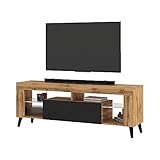 Selsey HugoB – TV-Lowboard, modernes TV-Sideboard mit Füßen und Glaseinlegeböden, 140 cm (Lancaster Eiche Matt / Schwarz Glanz, ohne LED)