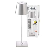 SIGOR Nuindie - Dimmbare LED Akku-Tischlampe Indoor & Outdoor, Höhe 38 cm, aufladbar mit Easy-Connect, 24 h Leuchtdauer, Silber-elox