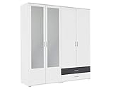 Rauch Möbel Noosa Schrank Drehtürenschrank, Weiß / Grau Metallic, 4-türig mit Spiegel und 2 Schubladen, inkl. Zubehörpaket Basic 1 Kleiderstange, 3 Einlegeböden BxHxT 168x188x52