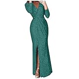 STOREYH Frauen Herbst Frühling Einfarbig Glitzer Maxi Kleider Mode Wickel Tunika Bleistift Side Split Kleid Elegant Langarm V-Ausschnitt Etuikleid Lässig Slim Fit Pailletten Dress Damen Abend Rock