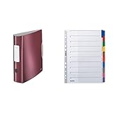 Leitz Multifunktions-Ordner, Granat Rot, A4, Runder Rücken (8,2 cm Breite), Gummibandverschluss, Kunststoff, Active Style, 11080028 & Kartonregister (Blanko, A4, 297 mm, 10 Blatt) g