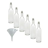 6 leere Glasflaschen 750ml mit Korkverschluss zum Selbstbefüllen inkl. einem weißem Einfülltrichter Ø 9