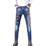 Qinvern Herrenmode Bedruckte Jeans Mode Gerade Slim Fit Stretch Bequem Alltag Lässig All-Match Denim Hosen 36