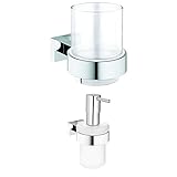 GROHE Essentials Cube | Badaccessoires - Glas mit Halter | 40755001 + GROHE Essentials | Badaccessoires - Seifenspender | mit Halter | 40756001