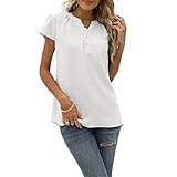 Buby Sommer Einfarbig Jacquard Chiffon Baumwolle T-Shirt für Damen Knöpfe V-Ausschnitt Kurzarm Übergroßes Tunika Tops Frauen Lässig Elegant Komfort Vintage Einfache Lose Gepunktet Crop Bluse Ob