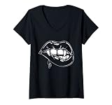 Damen Schwarze Lippen Böse Mädchen Teufelin Vampir Zähne Frauen T-Shirt mit V