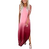 Eauptffy Sommerkleid Lang Boho Kleid Sommer Maxi Kleider Damen Elegant Farbverlauf Blusenkleider Rund-Ausschnitt Trägerkleid Ärmellos Strand Kleider mit Taschen Freizeitkleid Chic Casual Strandk