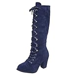 Briskorry Damen Spitze Zehe Mittelhohe Stiefel Retro-Stil Schnürsenkel mit Blockabsatz Stiefel Spitzschuh High Heel Schuhe Schnürsenkel Frauen Klassischer Bequem Einfarbig Stiefeletten Herbst W