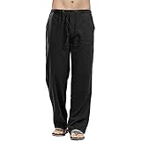 Hose Herren Casual Loose Fit Freizeithose Strandhosen Leinen Hose Herren Cargohose Leinenhose Männer Herren-Hose Lockere Sommer Stoffhose Sommerhose für Männer (Schwarz, L)