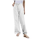 Harems Hose Für Damen Baggy Hose aus Leinen aus Baumwolle Elegante Hose Lockere Hose Damen Frühling Einfarbig Bindend Weite Lässige Hose Mit Weitem Bein Damen Lange Hose Lauf Hose Pant(Weiß,S)