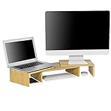 SoBuy BBF08-N Design Monitorerhöhung für 2 Monitore Monitorständer Bildschirmständer Notebookständer Schreibtischaufsatz breitenverstellbar Bambus BHT ca.: 59-91x11x23