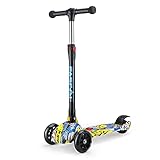 Fascol Kinderroller Faltbar, Kinderscooter ab 3-8 Jahre Roller Kinder mit LED Räder und Höhenverstellbarer Lenker, Graffiti Scooter Belastbarkeit bis 50 kg, Schw