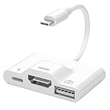 HDMI Digital AV Adapter für HD TV Beamer Lighting Kabel auf HDMI Adapter Anschluss mit USB 3.0 4K und Ladeanschluss für Telefon 13/12/XS/XS Max/XR/X/8/7 Multiport HDMI kein Netzteil E