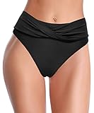 SHEKINI Damen Badeanzug Verdrehte Dekoration Badeshorts Hohe Taille Abdominal Kontrolle Bikinihose Volltonfarbe Retro Tankini Badehose Bikini Höschen (L,Schwarz C)