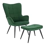 WOLTU Relaxsessel Lehnstühle Vintager Retro Sessel Polstersessel mit Hocker Fernsehsessel Ohrensessel Cordsamt Grün SKS28g