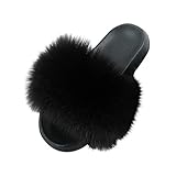 CUTUDE Damen Fell-Pantoffeln, flauschig, offener Zehenbereich, Memory-Schaum, einfarbig, Haus-Sandalen, niedlich, bequem, flach, kuschelig, Schwarz - Schwarz A - Größe: 39.5 EU