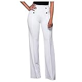 GilRu Damen Hose mit weitem Bein und hoher Taille, Stretch, gerades Bein, solide Knopfleiste, Bootcut-Hose, weiß, S