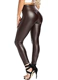 RIOJOY Damen High Waist Lederleggings Schwarz Kunstleder Leggins Sexy Lederoptik Leggings Hose, Braun 32/34