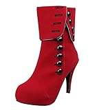 Fishoney Elegante Damen-Stiefeletten mit mattem Knopf, Stilettos, sexy, einfarbig, runde Zehe, Plateau, dünner Absatz, seitlicher Reißverschluss, für Party, Hochzeit, rot, 38.5 EU