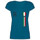 Fussball WM 2022 Fanartikel - 12. Mann Italien Fanshirt - M - Türkis - Geschenk - XO1525 - Damen T-Shirt mit V