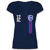 Fussball WM 2022 Fanartikel - 12. Mann Island Fanshirt - S - Dunkelblau - Island t Shirt Damen - XO1525 - Damen T-Shirt mit V