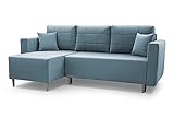 Ecksofa mit Schlaffunktion und Bettkasten aus Samt Universelle Ottomane | Couch für Wohnzimmer, Schlafsofa Sofagarnitur Sofa Eckcouch L-Form Wohnlandschaft mit Bettfunktion Santos (Blau)