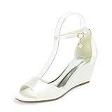 Gycdwjh Sexy Bridal Brautschuhe, Damen Sandale Satin Keilabsatz High Heels Mit Riemen Absatzhöhe 6,5 cm Pumps für Hochzeit Oder Bankett Täglich Tragen,Ivory White,36 EU