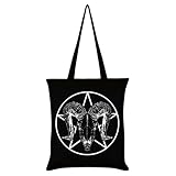 Totenkopf Pentagramm Schwarz Tragetasche Widder Hörner Dämonisch Gothic Alternative Mode Shopping Wiederverwendbar Emo Rock Pagan Wiccan Okkult Geschenk E