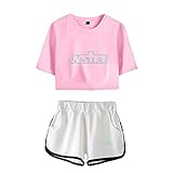 AHDSJDG Justin Bieber Sommer Damen Süß und sexy T-Shirt Kurze Hose Casual Sport Short Set T Shirts und Shorts Outfits Zweiteilige Sportbekleidung Zweiteiliger Pyjama Schwarz Und Weiß Grau Pink