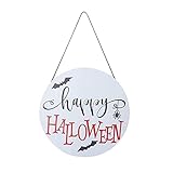 GDEVNSL Happy Halloween Dekorative Hausnummer ohne Schleife Schwarz/Weiß Holz hängende Tür Holzwandschilder Holzschild Türaufhänger Wanddeko Größe: 30×3