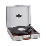 auna Billy Bob Retro Plattenspieler mit Lautsprecher - transportabler Vinyl-Plattenspieler, Bluetooth, Tragehenkel, Kopfhörer-Anschluss, 33, 45, 78 U min, Silb