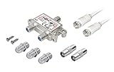 2-Fach Verteiler Adapter Kabel Antennen TV Radio F-Stecker SAT Splitter Metall TV-Verteiler 1 x 1.5m Kabel mit F-Steckern + Adapter: 2 x F Kupplung auf Koax Stecker, 3 x F Kupplung F-Kupplung