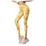 Lazzboy Sport Leggings Damen Jogginghose Frauen Hüftheben High-Waist Tie-dye Yoga Hosen Sporttraining Sporthosen Lang Elastischer Freizeithosen Hohe Taille Traininghose Bequeme (Gelb,L)