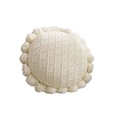 YT-KOKE Dekoratives Rundes Kissen, Gestricktes Sonnenblumenkissen mit Schönen Pompons, Einfarbiges Rundes Kissen für die Heimdekoration (White)