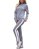 Tomwell Damen Mode Streifen Trainingsanzug Frauen Lange Ärmel Sweatshirt + Lange Hose Sportswear 2 Stück Set Sport Yoga Outfit Grau DE 36