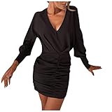 LFYYDS Damen Abendkleid Sexy V Ausschnitt Slim Fit Partykleid Modische Plissierte Langarmkleid für Frauen Elegant Temperament Wickelkleid mit Knöpfen Damen Ballkleid Sommerkleid Freizeitk