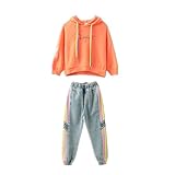 Poywuo Trainingsanzug Jogginganzug Kinder Mädchen 2tlg Sportswear-Jogginganzüge Mädchen Sportanzug Bekleidungsset Zweiteiler Freizeitanzug Outfit-Set(Sweatshirt+Jeanshose), Orange, 160(EU 152-158)