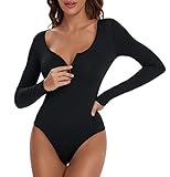Joyshaper Langarmshirt Damen Eng Body Elegant Reißverschluss Top Langarm Oberteile Sexy Unterziehbody Langarmbody Schicke Bodysuits Clubwear Top U-Ausschnitt Blusenbody Für Freizeit (Schwarz, Meidum)