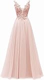 Aurora dresses Damen Abendkleider V-Ausschnitt Ballkleid Elegant für Hochzeit Appliques Brautkleid Lang Cocktailkleid(Pfirsich,36)