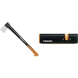 Fiskars Spaltaxt, Inklusive Klingen- und Transportschutz, Länge: 77 cm, Antihaftbeschichtet, 2,4 kg & Axt- und Messerschärfer, Keramik- Schleifkopf/Gehäuse aus Kunststoff, Schwarz/Orang