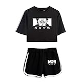 SUSSURRO Frauen Anime Jujutsu Kaisen Crop Top Set Ryomen Sukuna Shorts und Crop Top Anzug Jujutsu Kaisen Fans T-Shirt(m Schwarz+Schwarz)