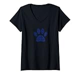 Damen Blaue Camouflage Hundepfoten-Zeichnung T-Shirt mit V