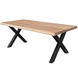 COMIFORT Esstisch - Möbel für Wohnzimmer Büro Robustes und modernes Büro in massiver Eiche Gold Farbe mit gewellter Seite, Schwarze X-Form Stahlbeine (180x90 cm)