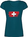 Fussball WM 2022 Fanartikel - Schweiz Vintage - XS - Türkis - Nationalmannschaft - XO1525 - Damen T-Shirt mit V