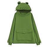 QI_LIANG Frosch Hoodie Süße Tops Damen Stitching Pocket Pullover Sw